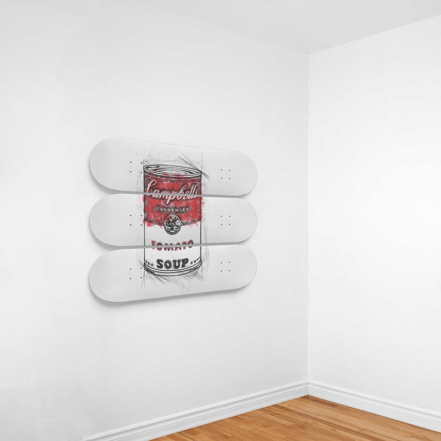 Retro Funky Campbell Soup Art, Andy Warhol Inspired 3-piece Skateboard Wall Art