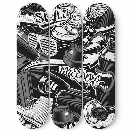 Graffiti - Black & White Spray Paint Cans Skateboard Wall Art