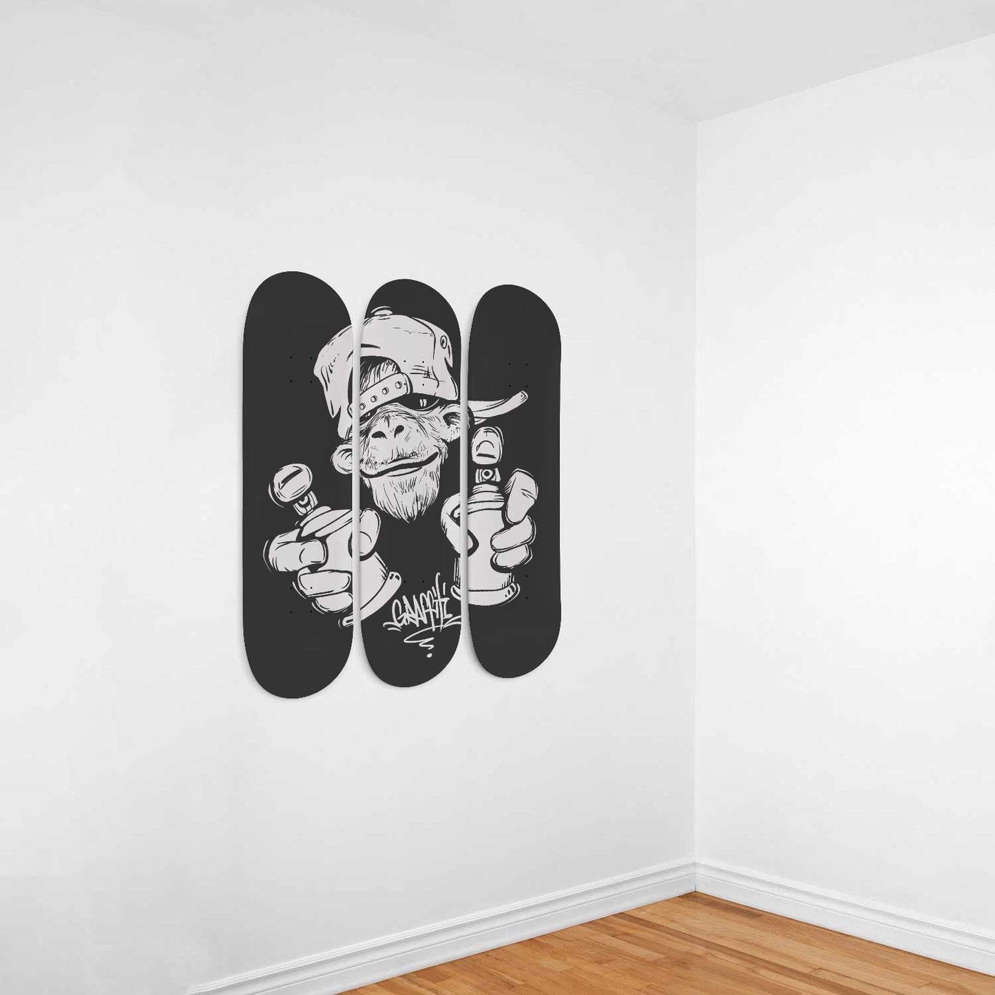 Graffiti - Black & White Monkey with Cap Skateboard Wall Art