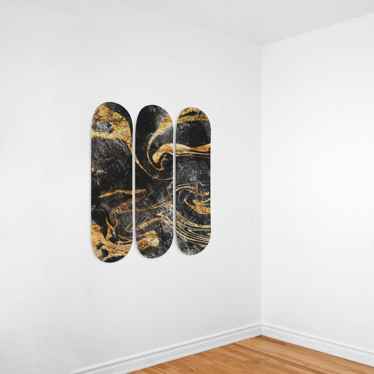 Gold Sheen Obsidian Liquid Marble Wall Art - Black & Gold - 3-piece Skateboard Wall Art