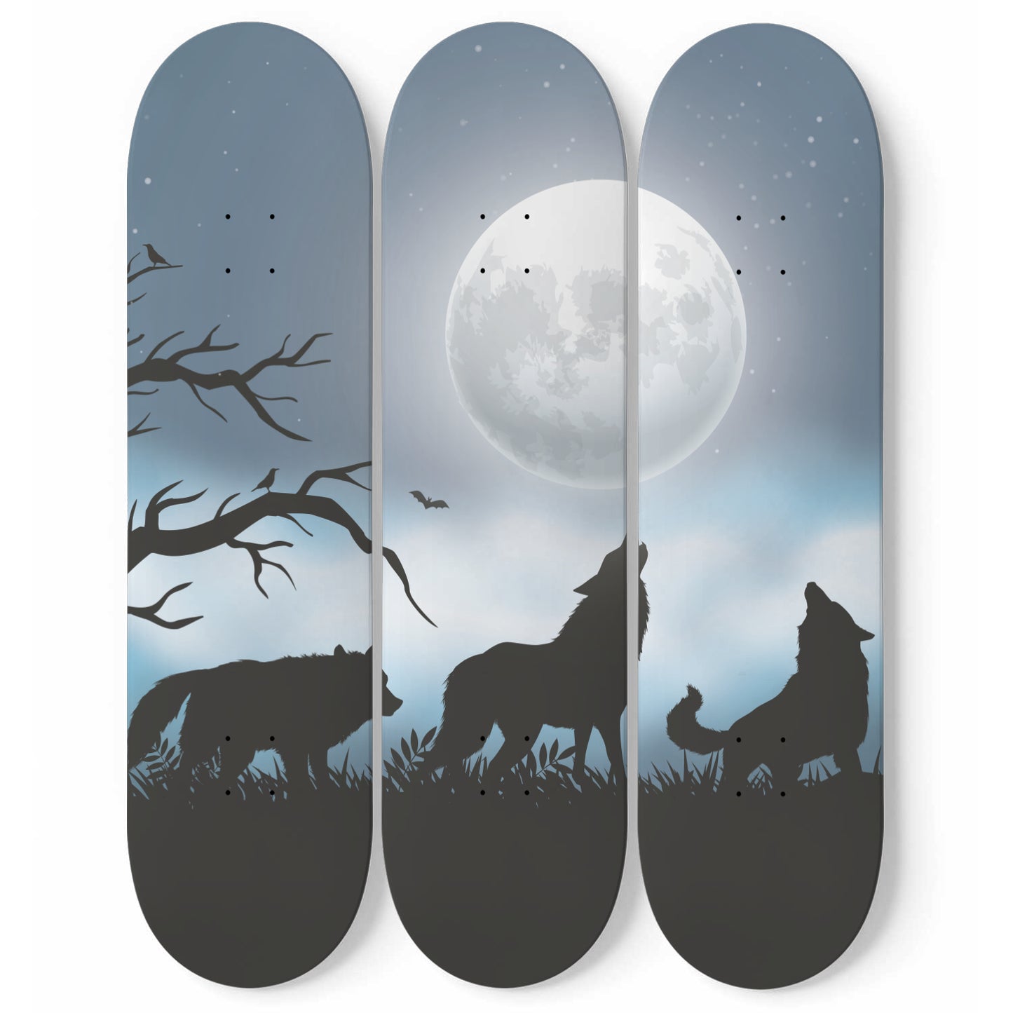 Wolves Howling at Night - 3 piece - Skateboard Wall Art