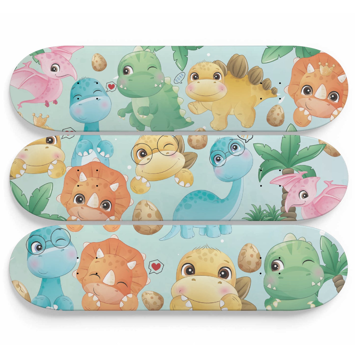 Cutesy Dinosaur Friends - 3 piece - Skateboard Wall Art