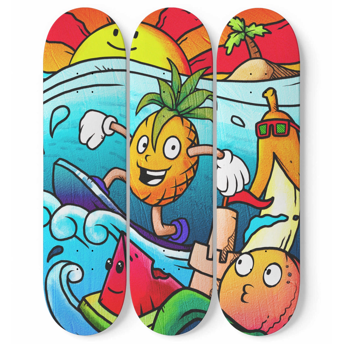 Tropical Surfer Doodle - 3 Piece Skateboard Wall Art