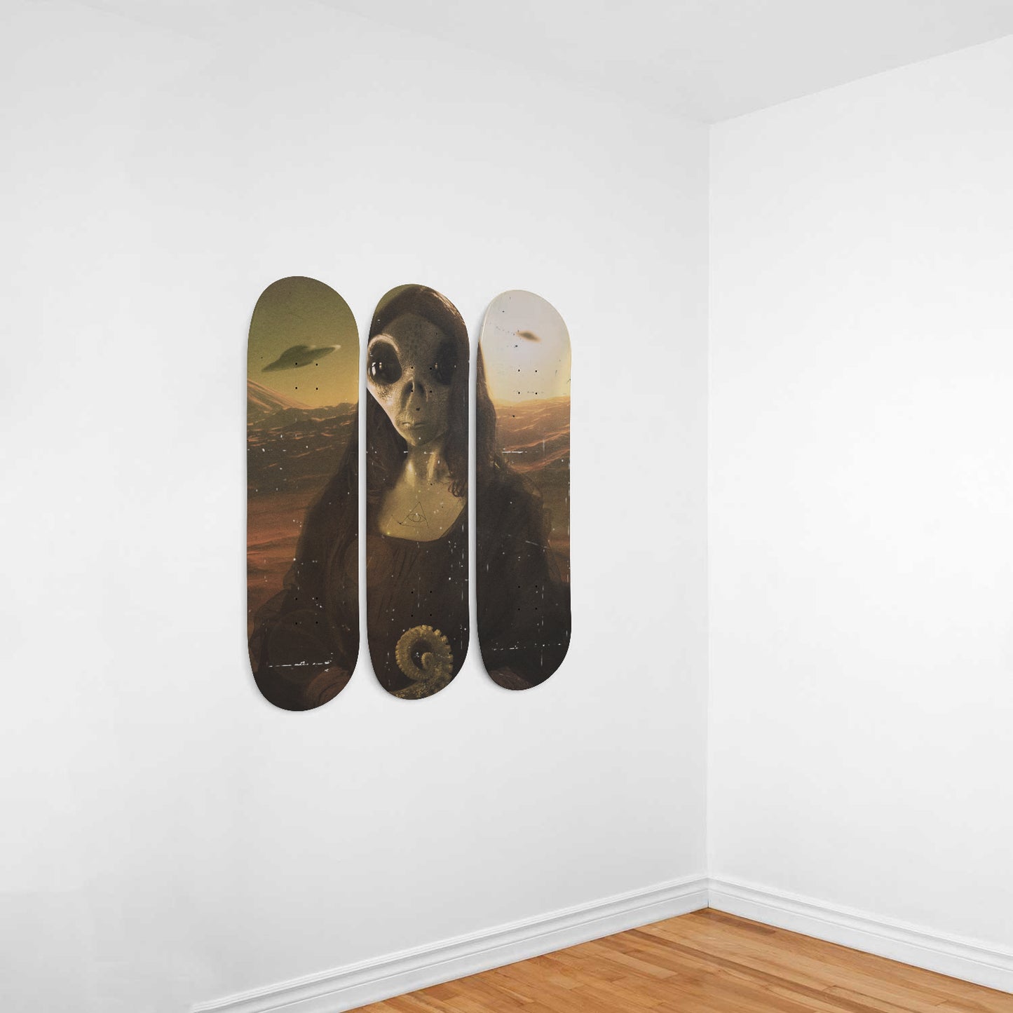 Mona Lisa Out Of This World | Wall Art - Mona Lisa Painting Inspired | 3 Piece Skateboard Wall Art, Deck Art | Wall Hanging Decor | Custom Painted Wall Art