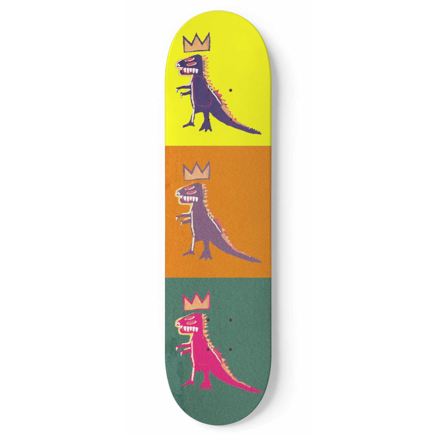 Dinos on Yellow, Orange & Green | Wall Art -Punky Dino | Dinosaur Inspired | 1 Piece Skateboard Wall Art, Deck Art | Wall Hanging Decor | Custom Printed Wall Art