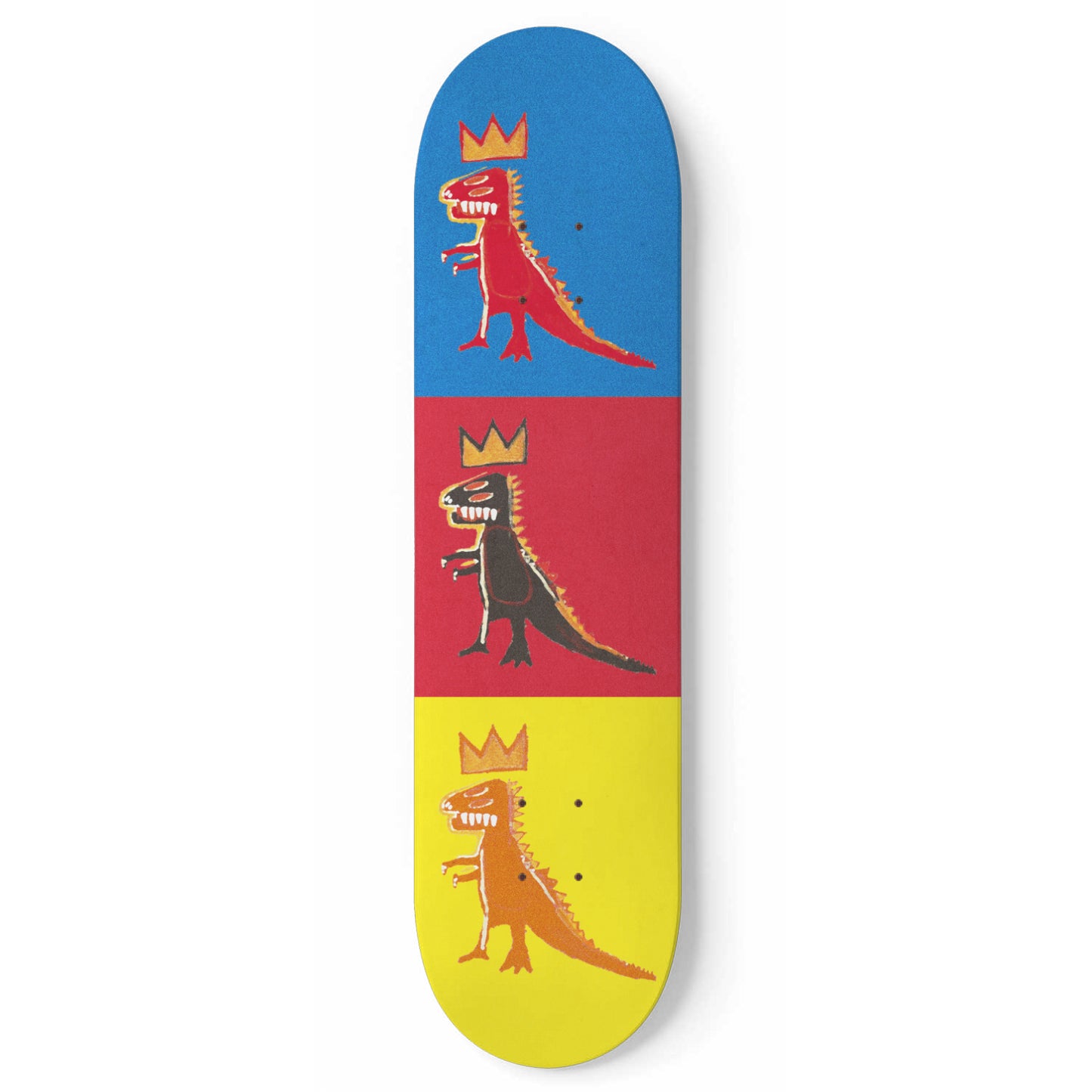 Dinos on Blue, Red & Yellow | Wall Art -Punky Dino | Dinosaur Inspired | 1 Piece Skateboard Wall Art, Deck Art | Wall Hanging Decor | Custom Printed Wall Art