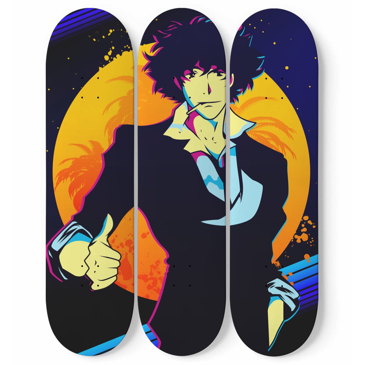 Spike Spiegel and the Moon | Wall Art -Cowboy Bebop Inspired | Japanese Neo Noir Science Fiction Anime Inspired | 3 Piece Skateboard Wall Art, Deck Art | Wall Hanging Decor | Custom Painted Wall Art