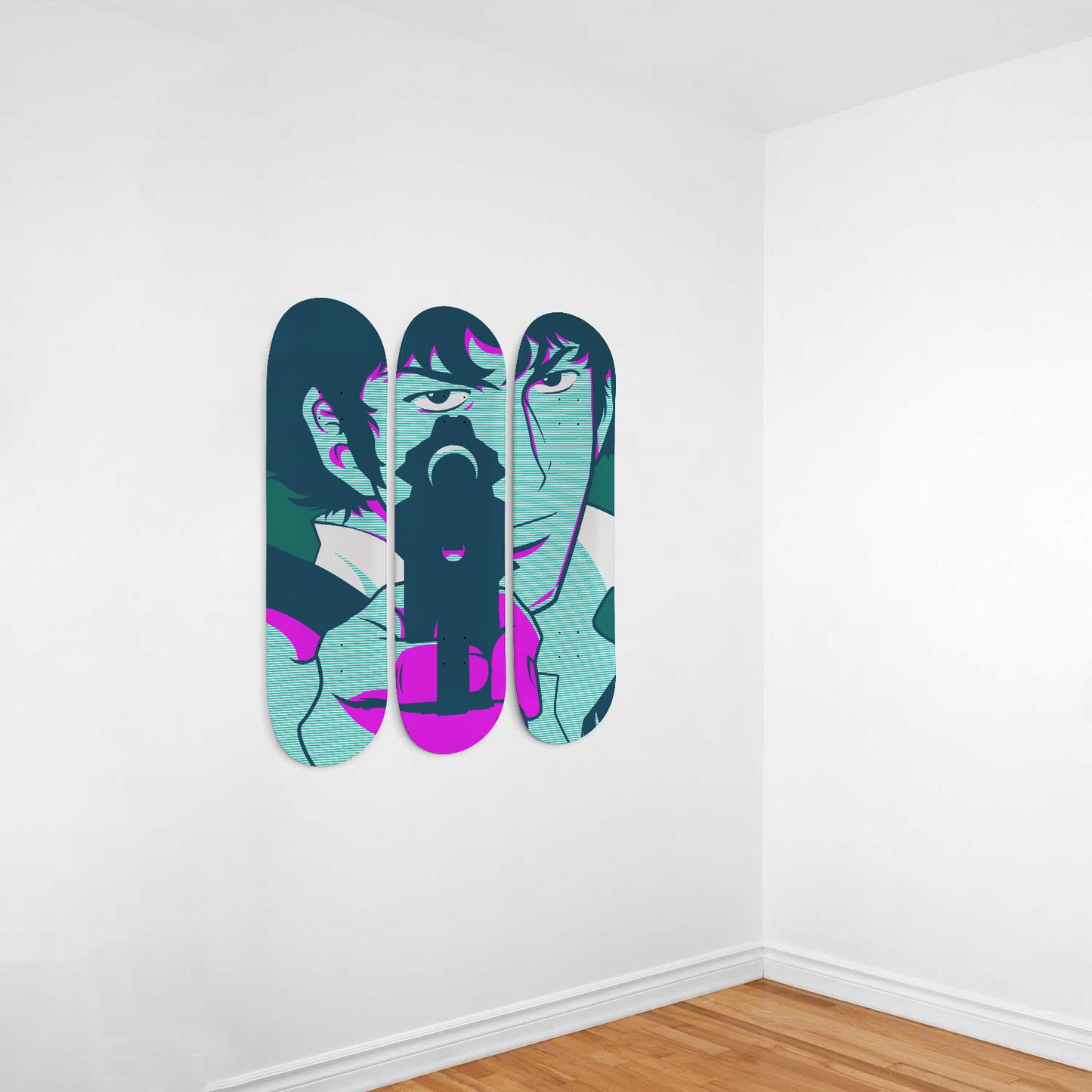 Spike Spiegel Pointing the Gun | Wall Art -Cowboy Bebop Inspired | Japanese Neo Noir Science Fiction Anime Inspired | 3 Piece Skateboard Wall Art, Deck Art | Wall Hanging Decor | Custom Painted Wall Art
