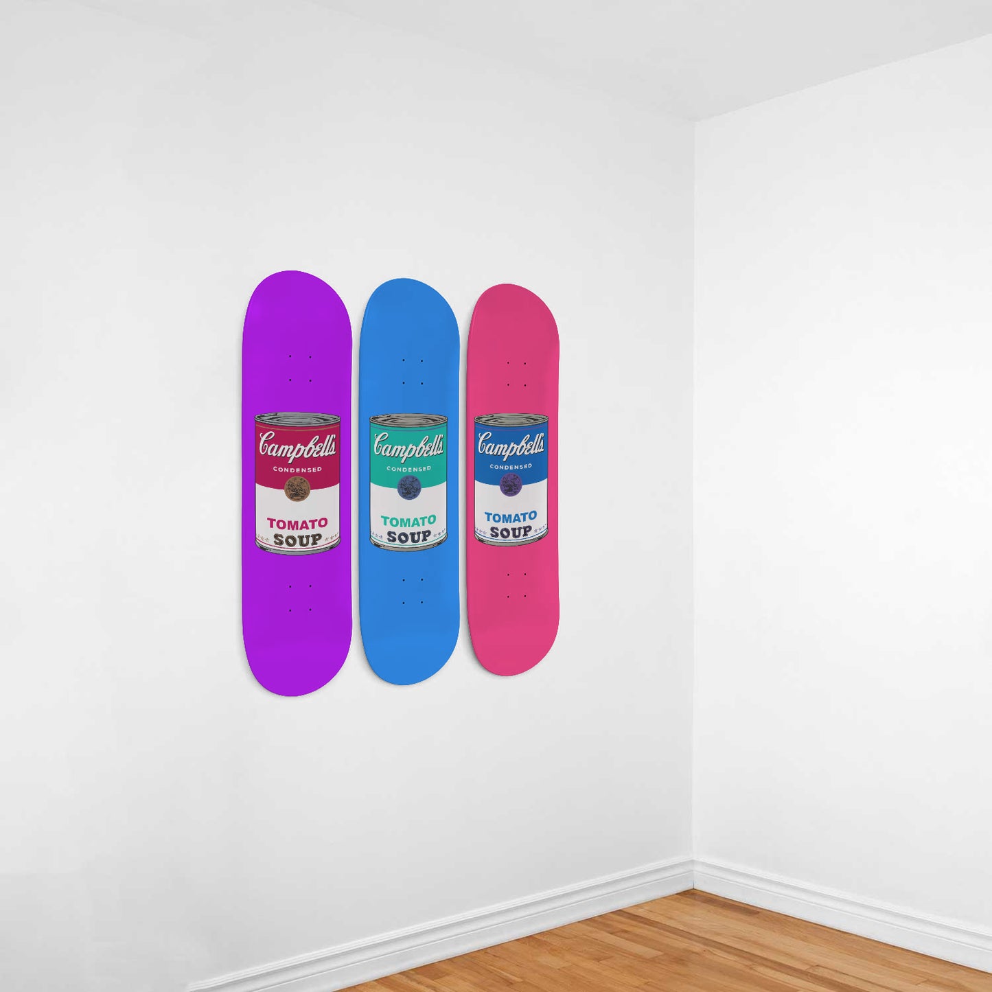 Andy Warhol Campbell Soup | Purple, Blue & Pink - 3-piece Skateboard Wall Art | Aesthetic Vintage Style Wall Art | Inspired Art