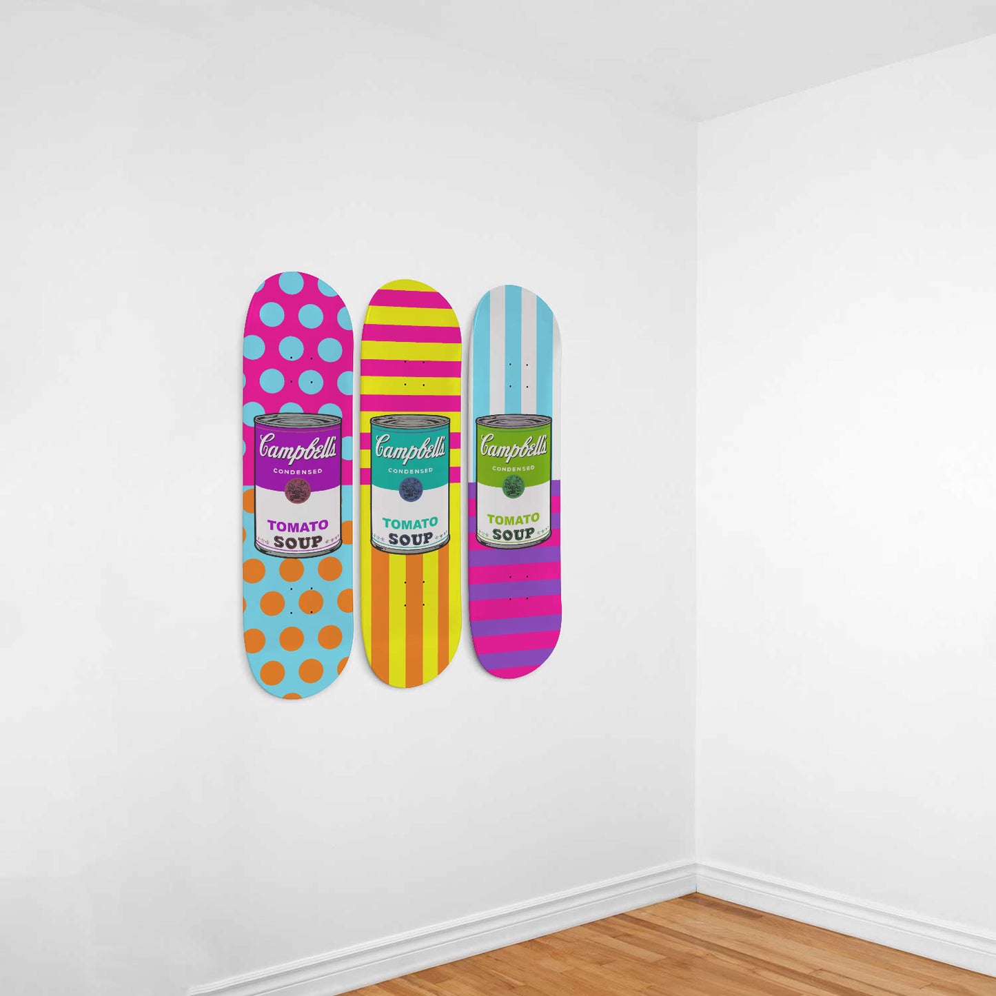 Andy Warhol Inspired - Campbell Soup | Colorful Polka Dots and Stripes - 3-piece Skateboard Wall Art | Aesthetic Vintage Style Wall Art | Inspired Art
