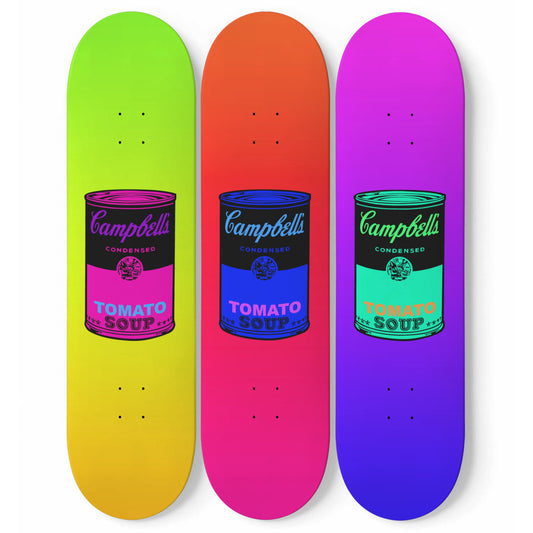 Andy Warhol Inspired - Campbell Soup | Neon Colors - 3-piece Skateboard Wall Art | Aesthetic Vintage Style Wall Art | Inspired Art