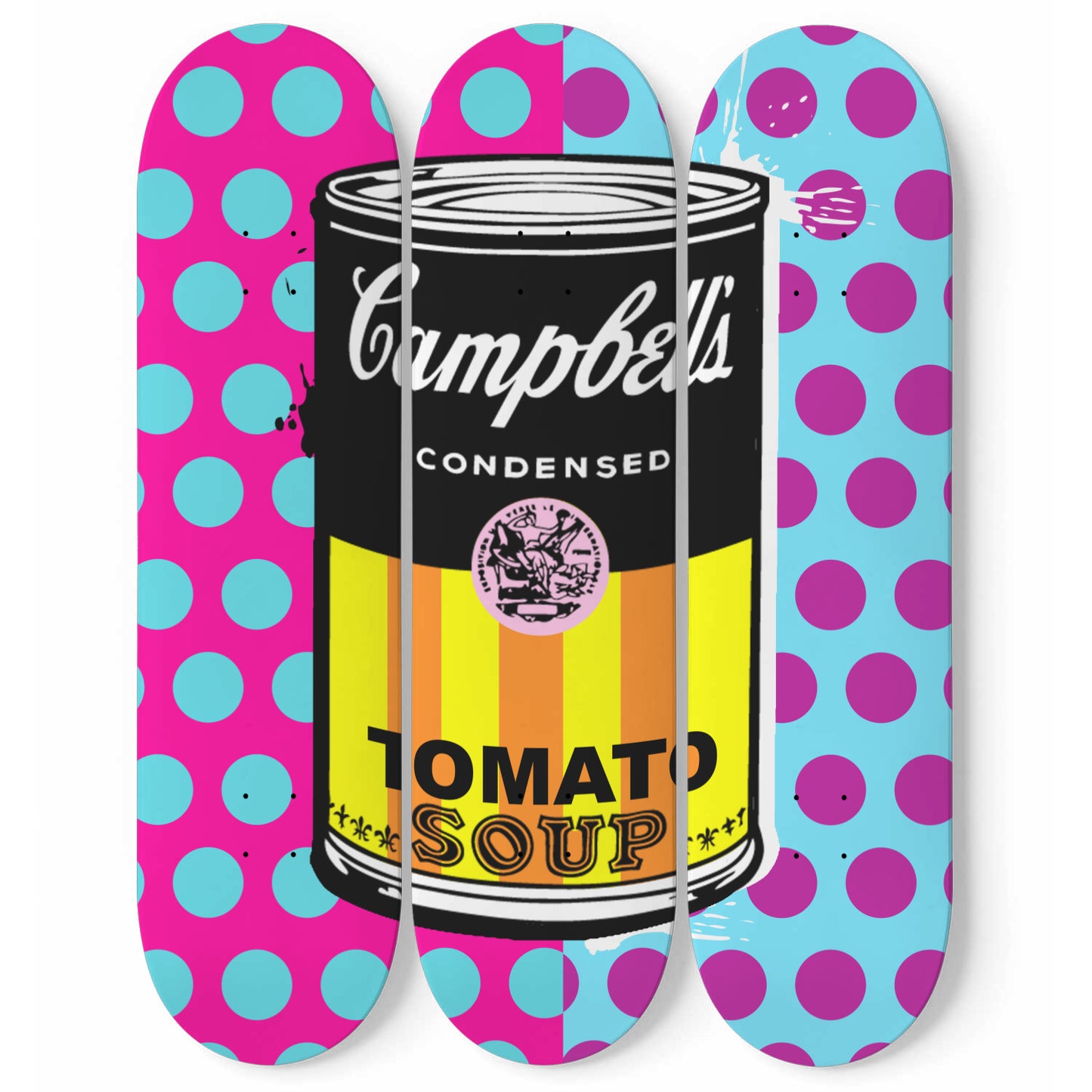 Andy Warhol Inspired - Campbell Soup | Purple, Blue & Pink Polka Dots - 3-piece Skateboard Wall Art | Aesthetic Vintage Style Wall Art | Inspired Art