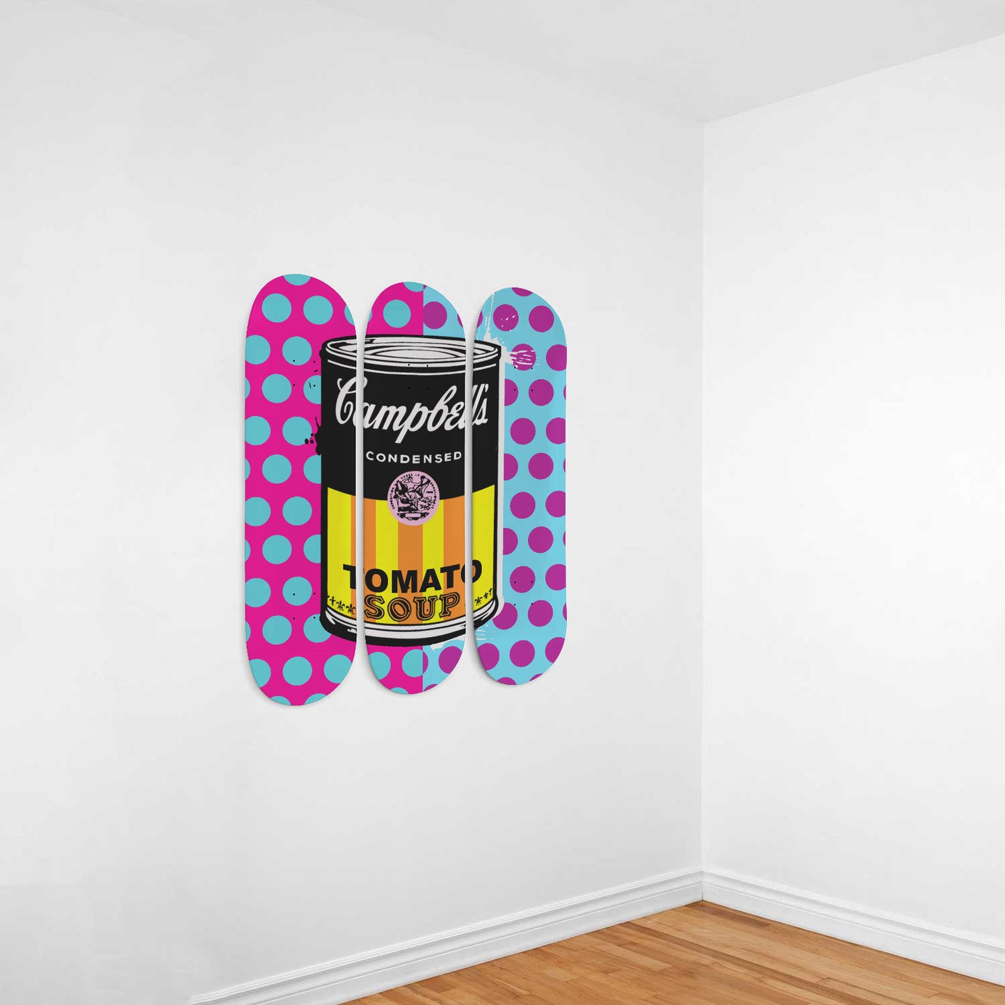 Andy Warhol Inspired - Campbell Soup | Purple, Blue & Pink Polka Dots - 3-piece Skateboard Wall Art | Aesthetic Vintage Style Wall Art | Inspired Art