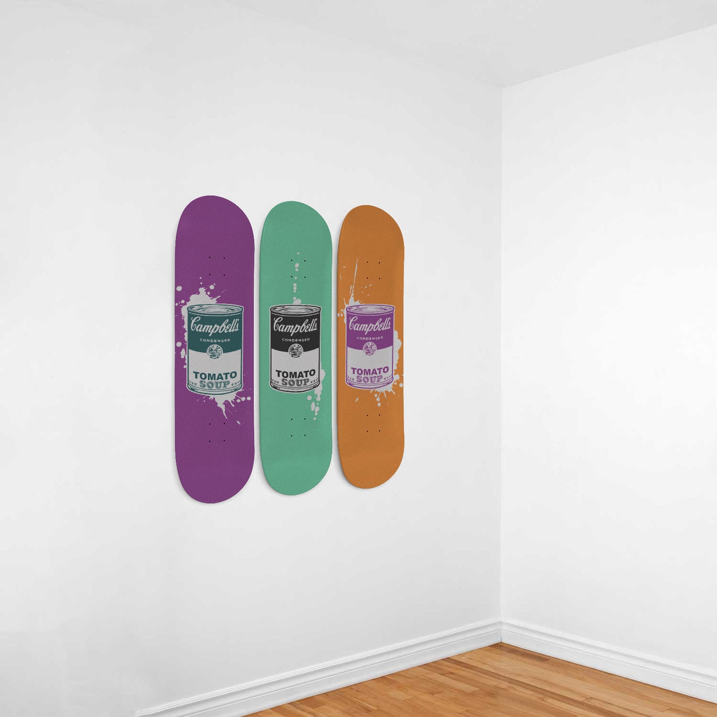 Andy Warhol Inspired - Campbell Soup | Purple, Green & Orange - 3-piece Skateboard Wall Art | Aesthetic Vintage Style Wall Art | Inspired Art