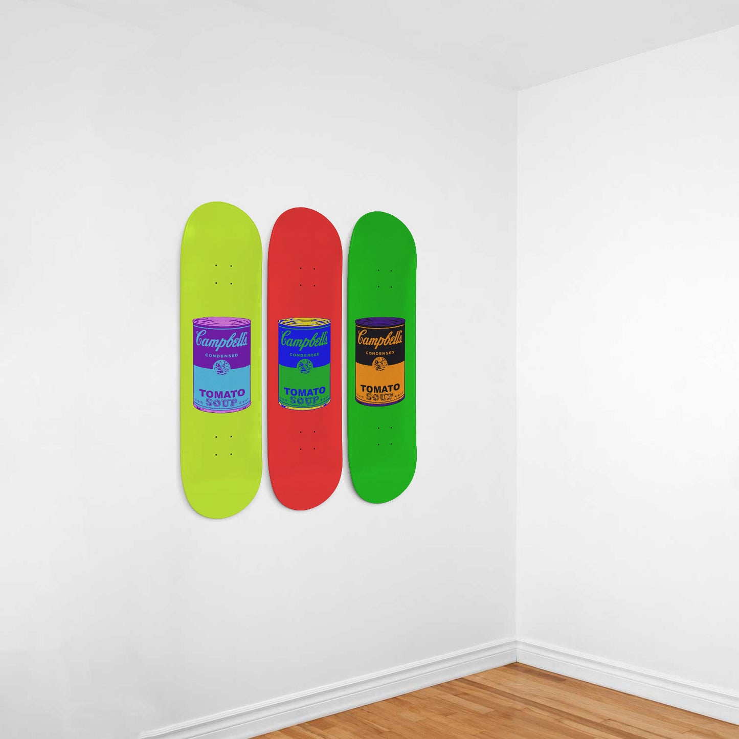 Andy Warhol Inspired - Campbell Soup | Lemon, Red & Green - 3-piece Skateboard Wall Art | Aesthetic Vintage Style Wall Art | Inspired Art
