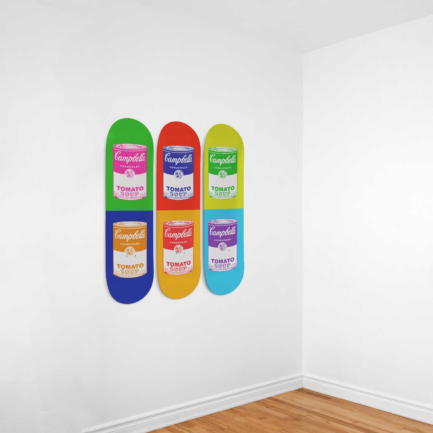 Andy Warhol Inspired - Campbell Soup | Colorful Cans - 3-piece Skateboard Wall Art | Aesthetic Vintage Style Wall Art | Inspired Art