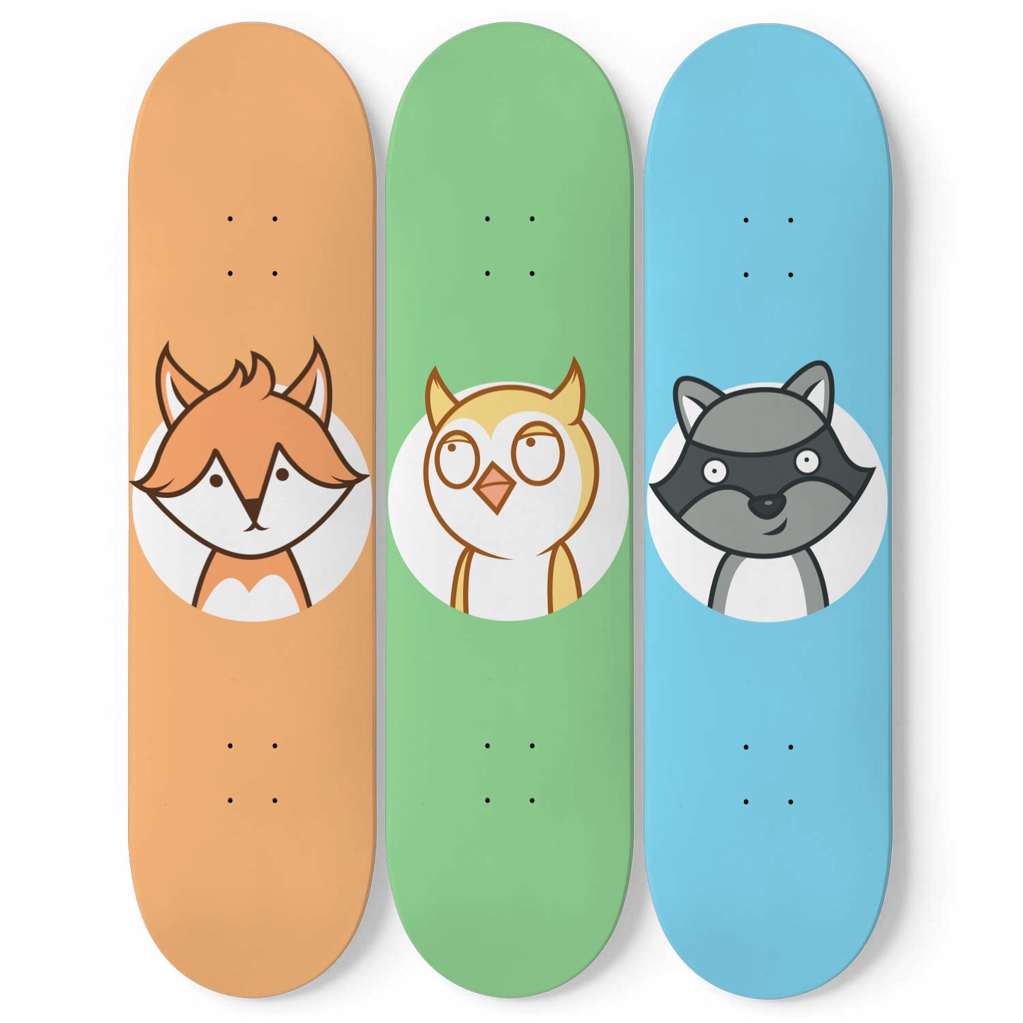 Woodland Animals - Fox, Owl & Raccoon | Nursery Wall Art | 3 Piece Skateboard Wall Art, Deck Art | Wall Hanging Decor | Custom Printed Wall Art