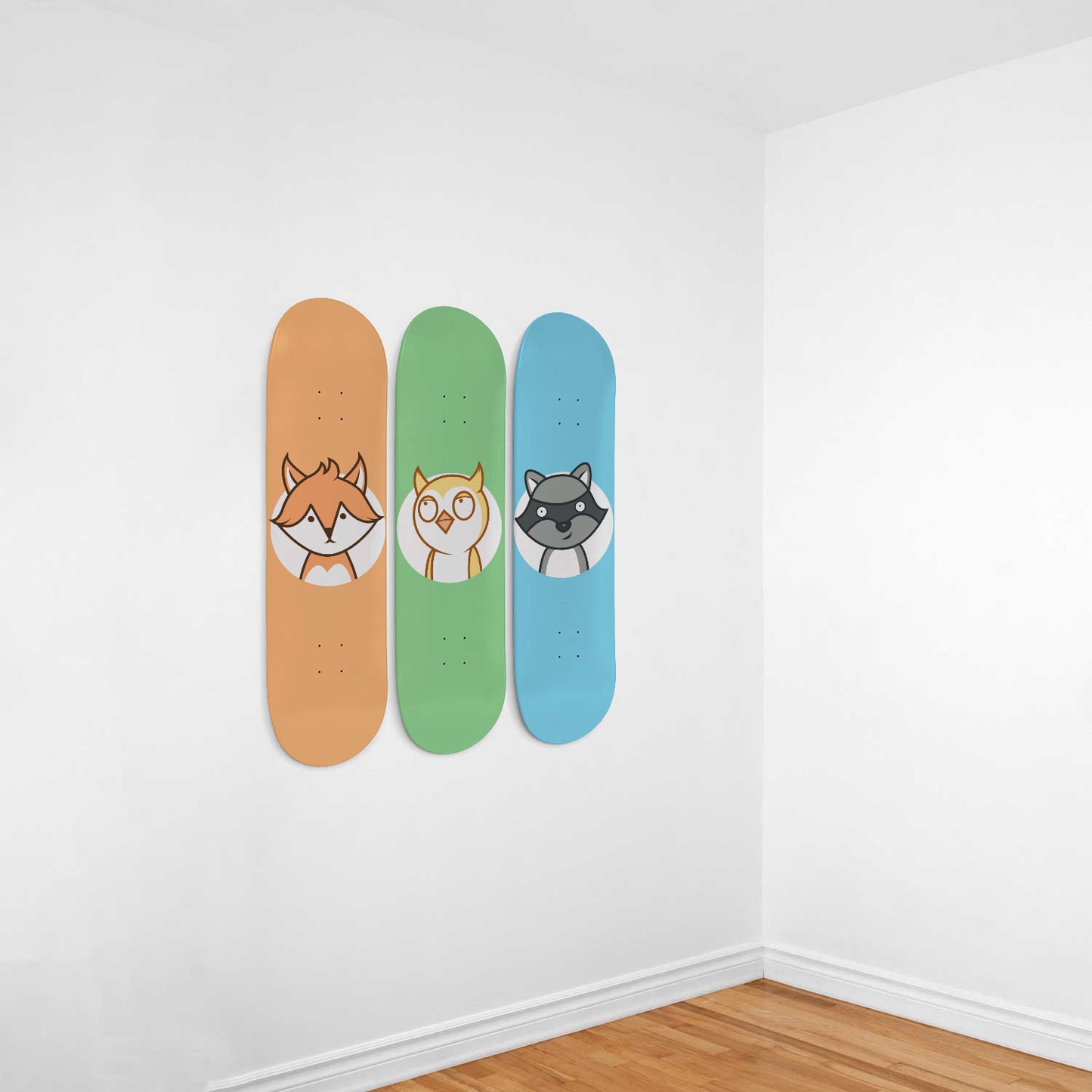 Woodland Animals - Fox, Owl & Raccoon | Nursery Wall Art | 3 Piece Skateboard Wall Art, Deck Art | Wall Hanging Decor | Custom Printed Wall Art