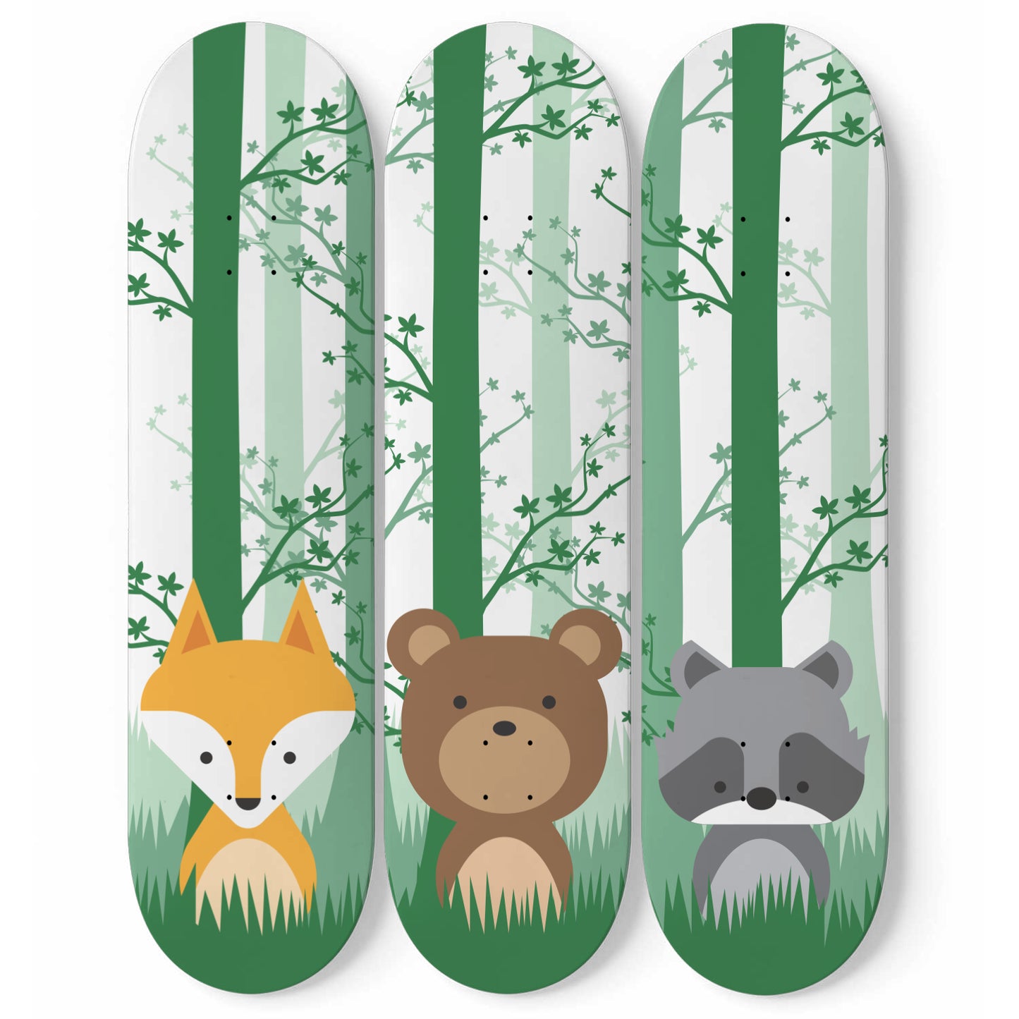 Woodland Animals - Fox, Bear & Raccoon | Nursery Wall Art | 3 Piece Skateboard Wall Art, Deck Art | Wall Hanging Decor | Custom Printed Wall Art