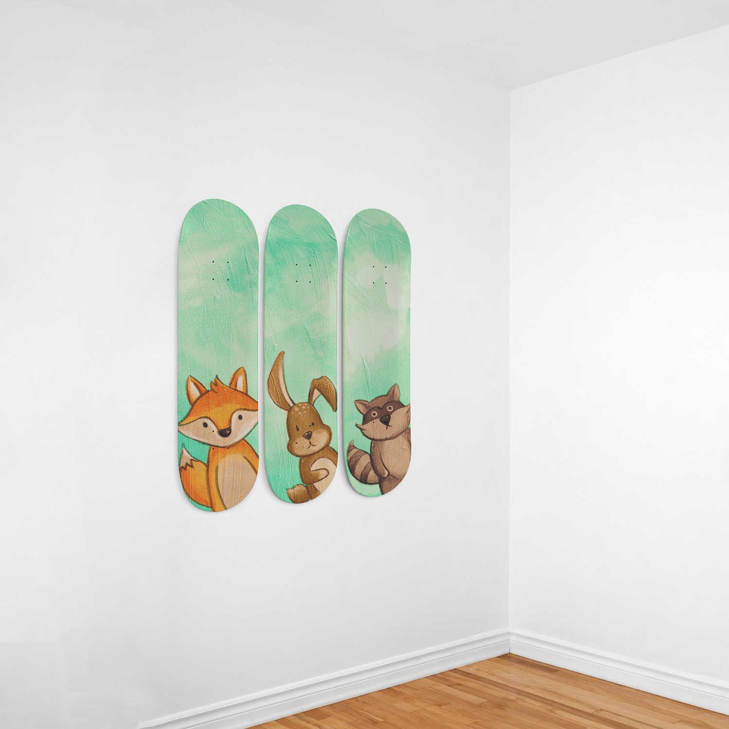 Woodland Animals - Fox, Bunny & Raccoon | Nursery Wall Art | 3 Piece Skateboard Wall Art, Deck Art | Wall Hanging Decor | Custom Printed Wall Art