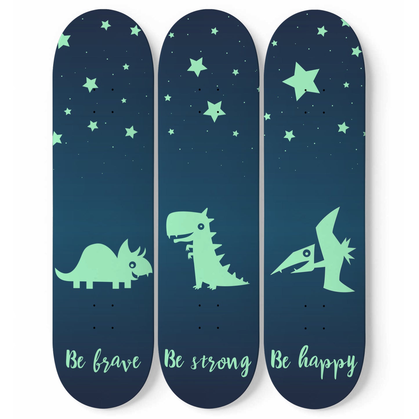 Neon Green Dinos - Be Brave, Be Strong & Be Happy | Nursery Wall Art | 3 Piece Skateboard Wall Art, Deck Art | Wall Hanging Decor | Custom Printed Wall Art