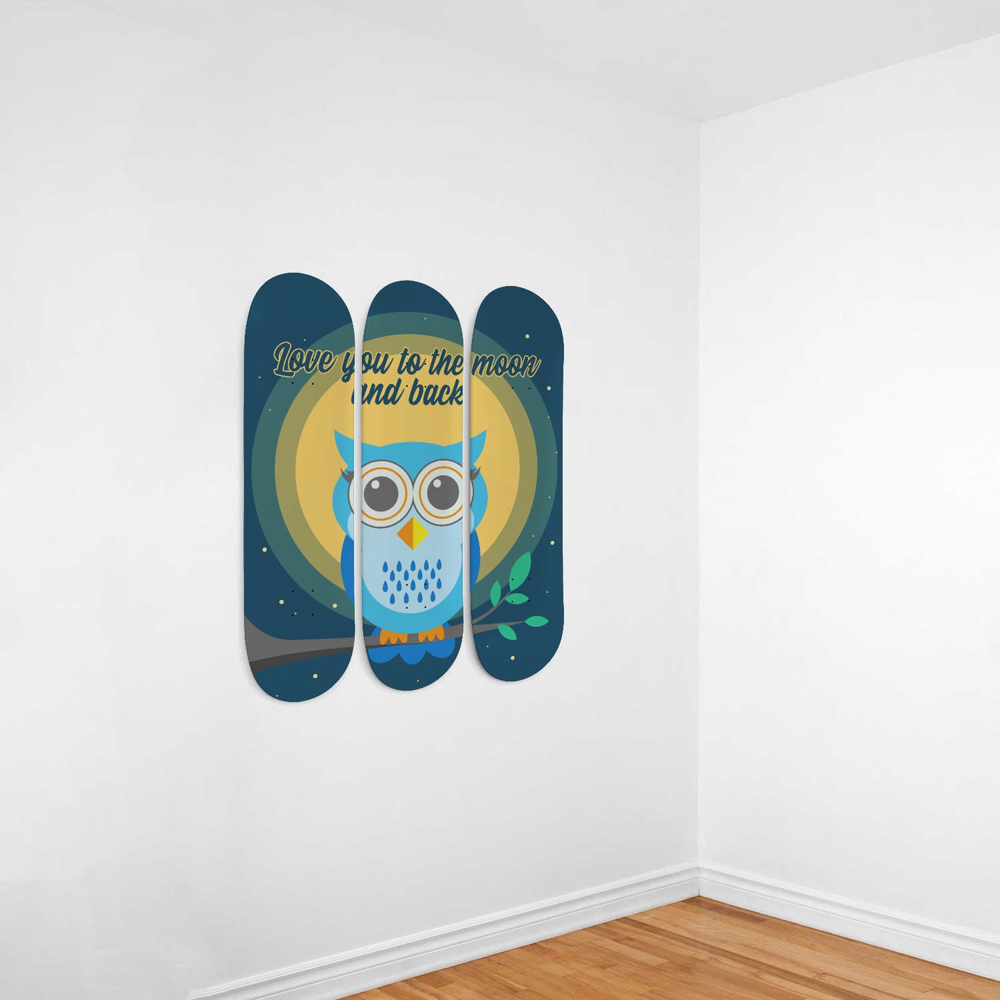 Blue Owl - Love You To The Moon And Back | Nursery Wall Art | 3 Piece Skateboard Wall Art, Deck Art | Wall Hanging Decor | Custom Printed Wall Art
