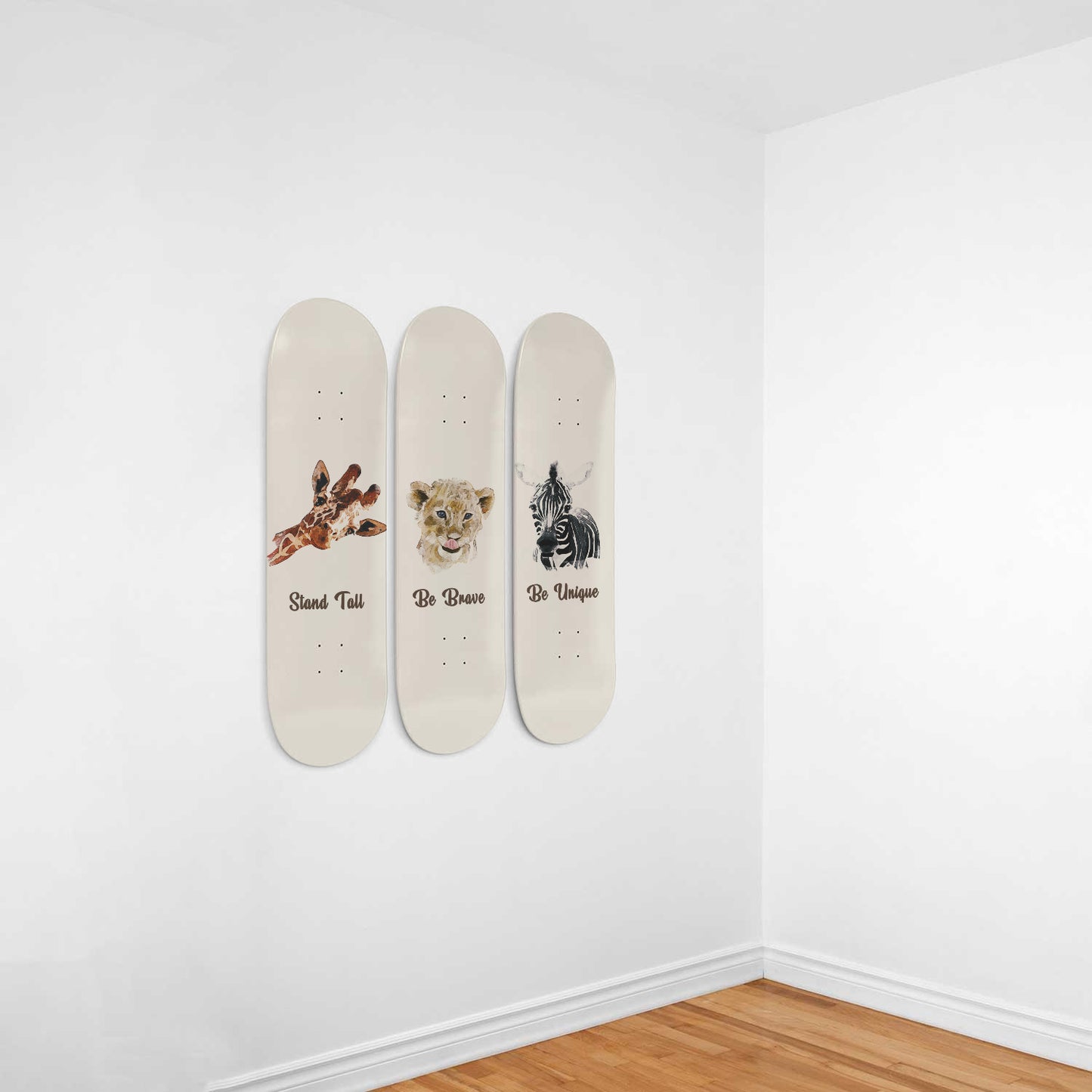 Giraffe, Tiger & Zebra - Stand Tall, Be Brave & Be Unique | Nursery Wall Art | 3 Piece Skateboard Wall Art, Deck Art | Wall Hanging Decor | Custom Printed Wall Art