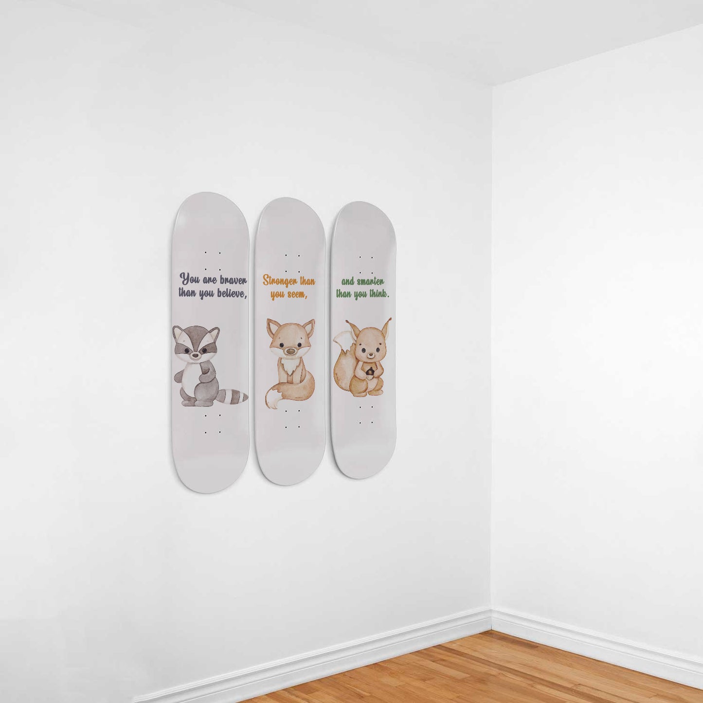 Raccoon, Fox & Squirrel | Nursery Wall Art | 3 Piece Skateboard Wall Art, Deck Art | Wall Hanging Decor | Custom Printed Wall Art