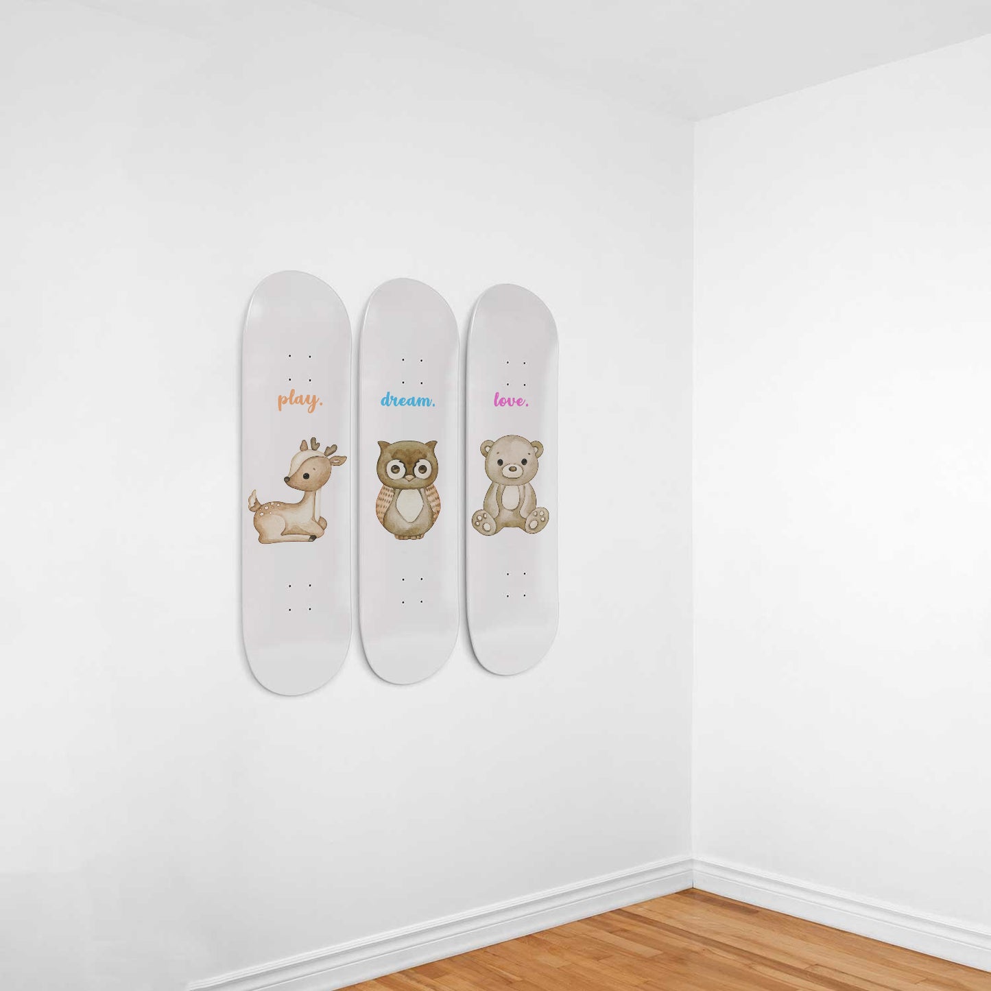 Deer, Owl & Bear - Play, Dream & Love | Nursery Wall Art | 3 Piece Skateboard Wall Art, Deck Art | Wall Hanging Decor | Custom Printed Wall Art
