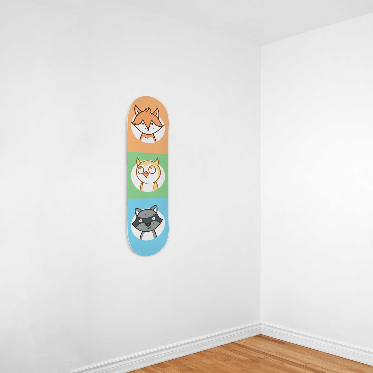 Woodland Animals - Fox, Owl & Raccoon | Nursery Wall Art | 1 Piece Skateboard Wall Art, Deck Art | Wall Hanging Decor | Custom Printed Wall Art