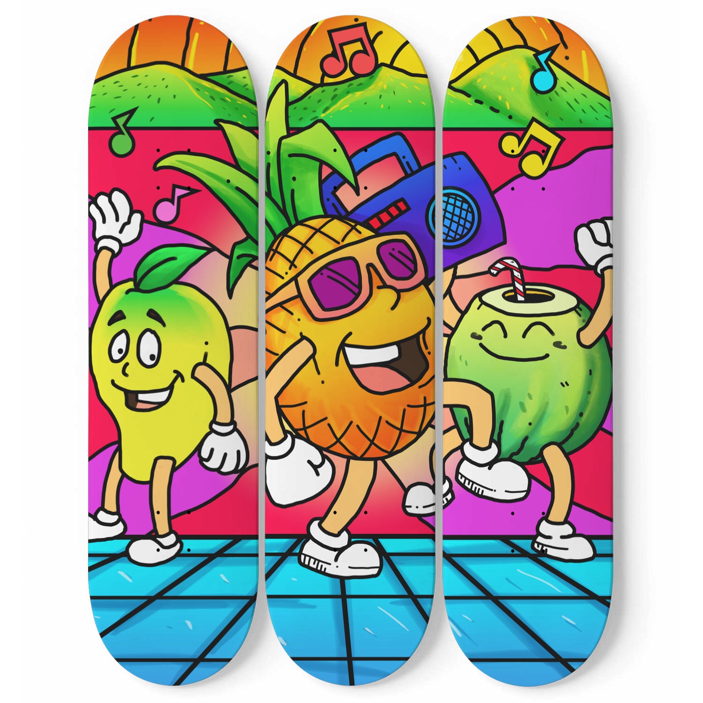 Tropical Party - Vibrant Doodles Wall Art | 3 Piece Skateboard Wall Art, Deck Art | Wall Hanging Decor | Custom Printed Wall Art