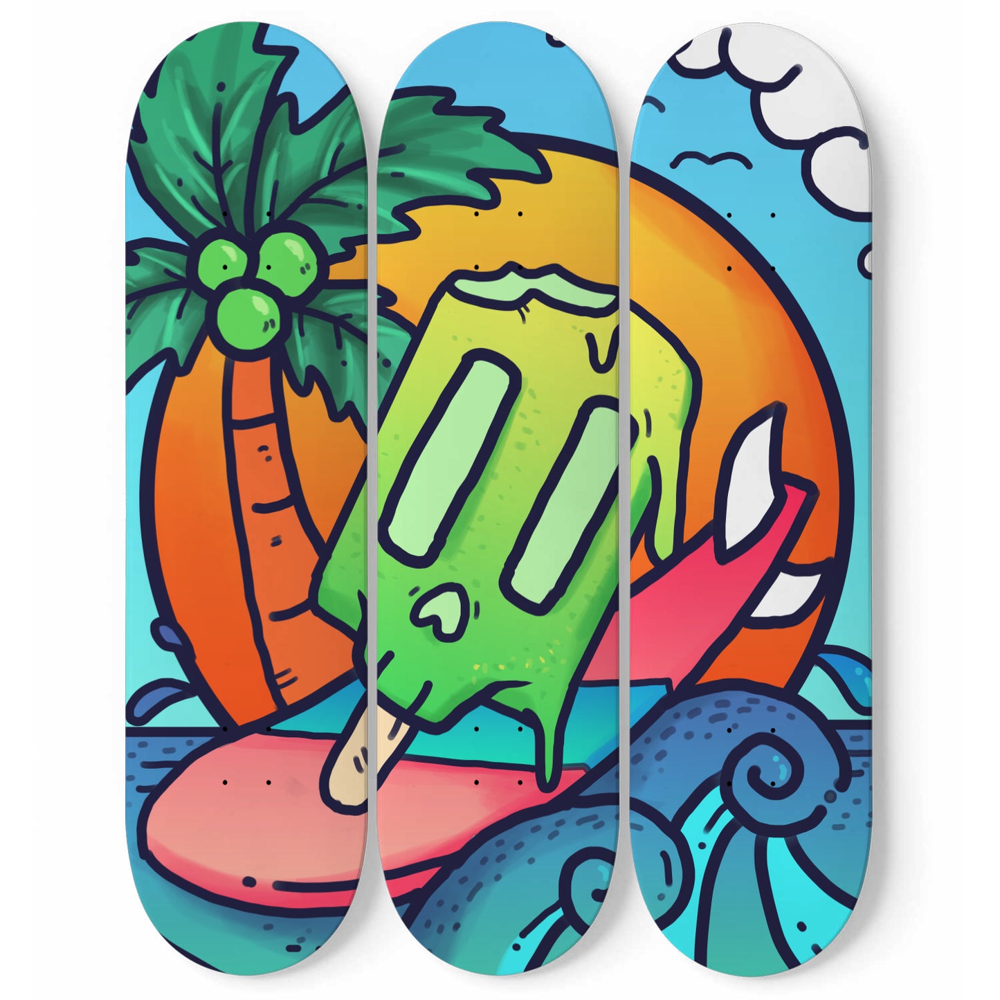 Chill Summer - Vibrant Doodles Wall Art | 3 Piece Skateboard Wall Art, Deck Art | Wall Hanging Decor | Custom Printed Wall Art