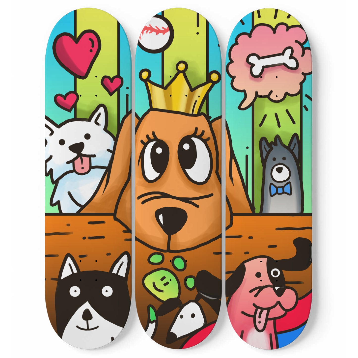 Dog Lover - Vibrant Doodles Wall Art | 3 Piece Skateboard Wall Art, Deck Art | Wall Hanging Decor | Custom Printed Wall Art