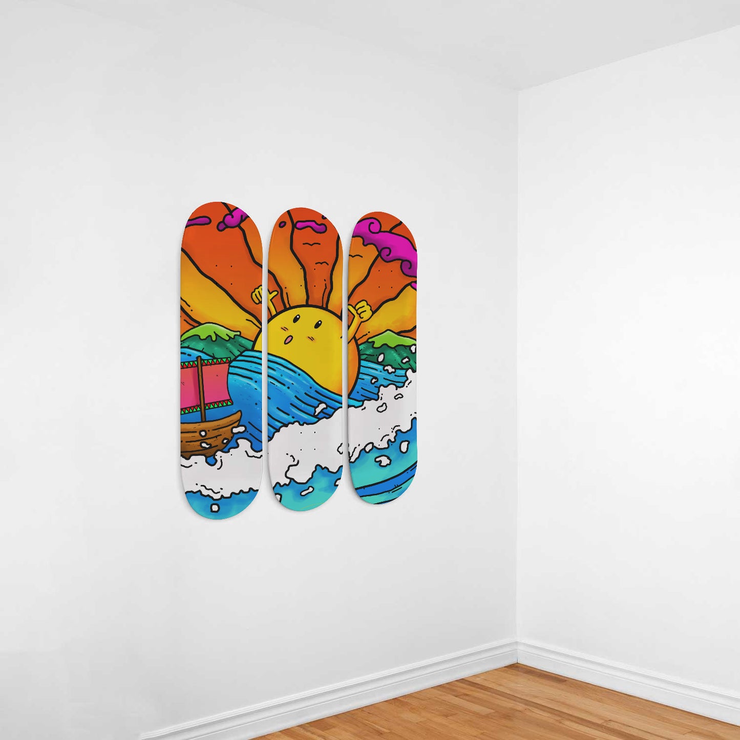 Good Morning Sunshine - Vibrant Doodles Wall Art | 3 Piece Skateboard Wall Art, Deck Art | Wall Hanging Decor | Custom Printed Wall Art
