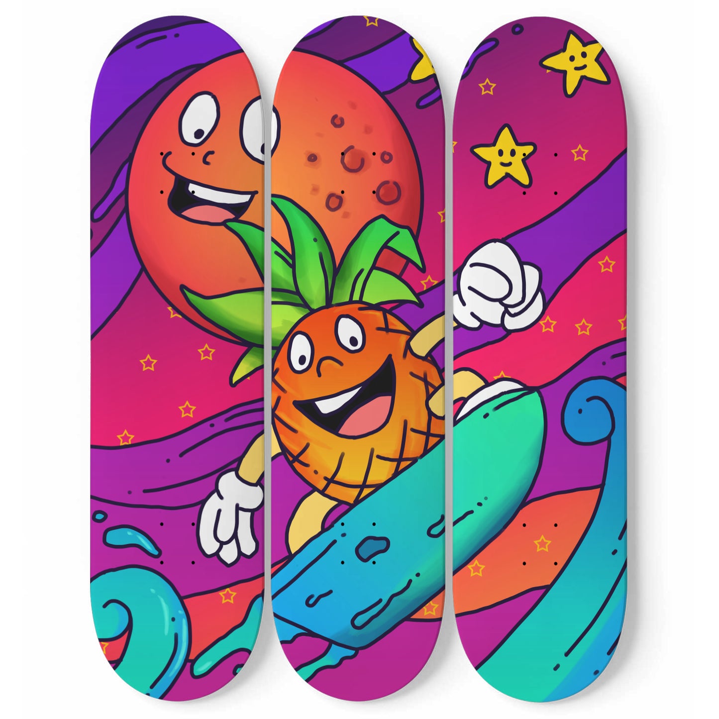 Midnight Surfer - Vibrant Doodles Wall Art | 3 Piece Skateboard Wall Art, Deck Art | Wall Hanging Decor | Custom Printed Wall Art