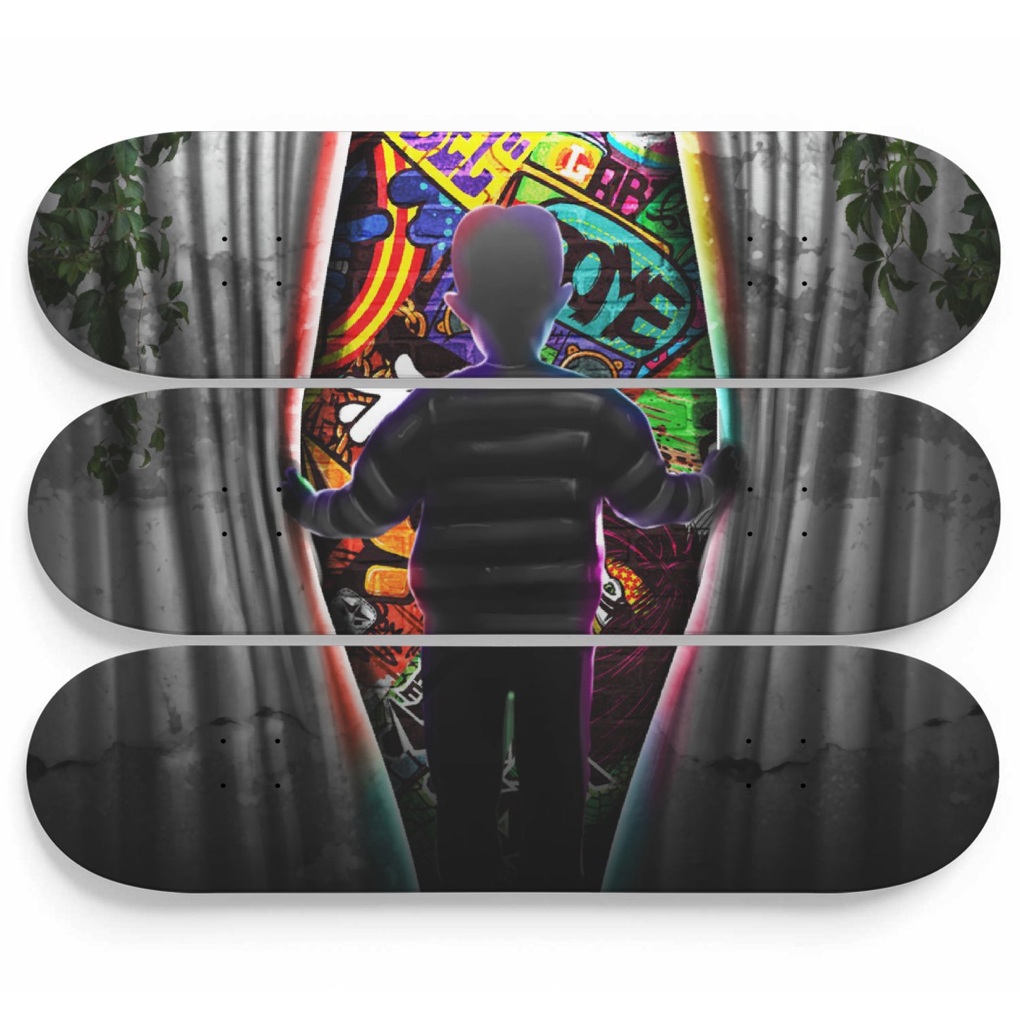 Banksy Behind The Curtain | 3 - Piece Skateboard Wall Art, The Boy Looking Behind The Curtain, Martin Watson Wall Decor, Banksy Wall Print