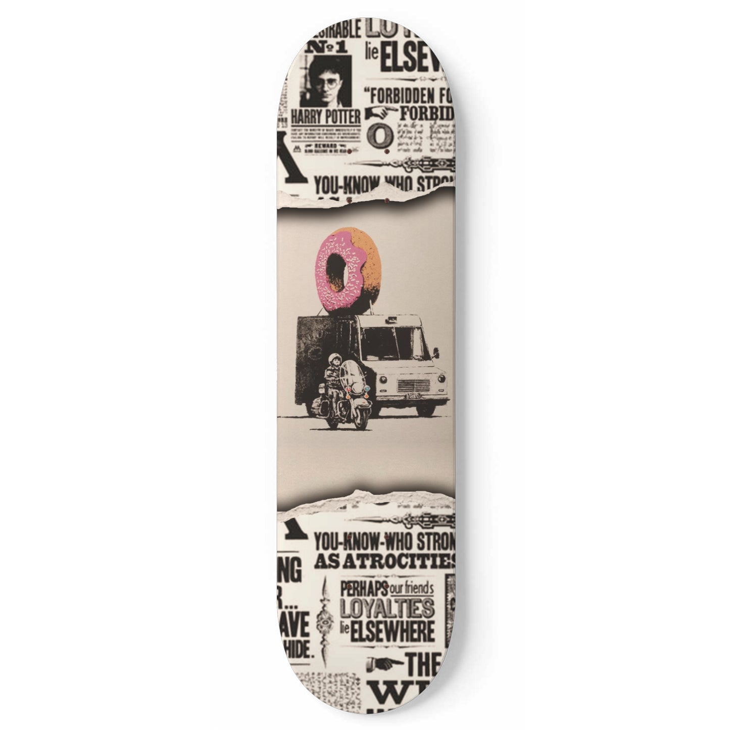 Banksy Donut Truck With Police Escort | 1 - Piece Skateboard Wall Art, Donut Strawberry, Donut Banksy Skate Deck Art