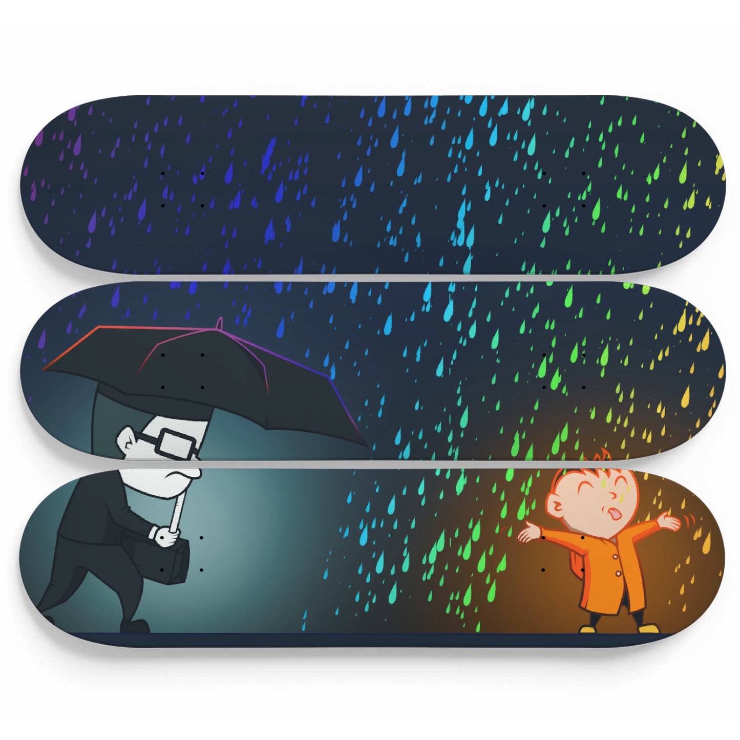 Banksy - Rainbow Rain | 3 - Set Skateboard Wall Art, Banksy Style Skate Deck Wall Hanging - Office Decor