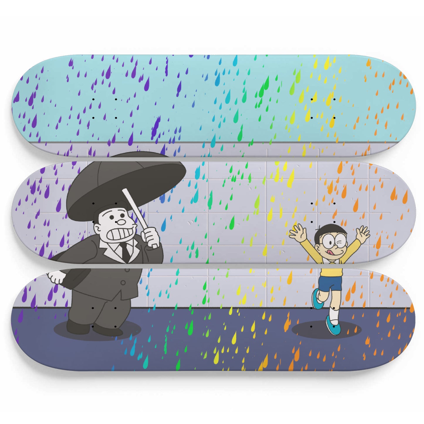 Rainbow Rain Banksy Art - Nobita Color Rain | 3 - Set Skate Deck Art, Banksy Grafitti Home Decor - Office Decor