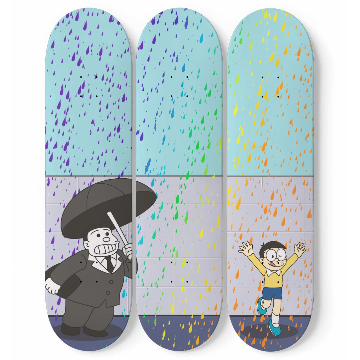 Color Rain Banksy Skateboard Wall Art, Rainbow Rain Nobita Inspired Print - Home Decor - Office Decor