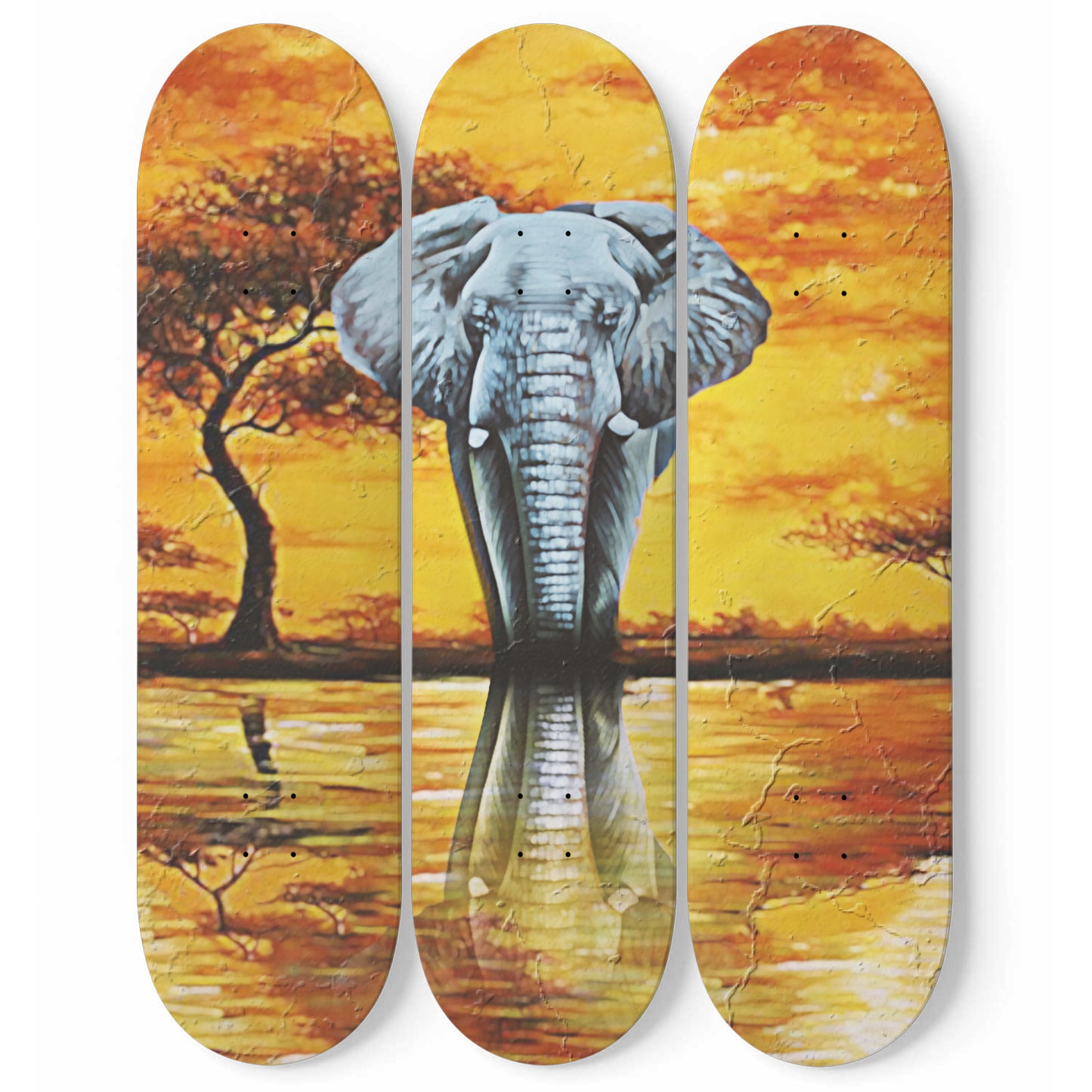 African Elephant Sunset Wall Print | 3 - Set Skateboard Wall Art, Pro - Grade Maple Wood, Living/Dining Room Wall Decor
