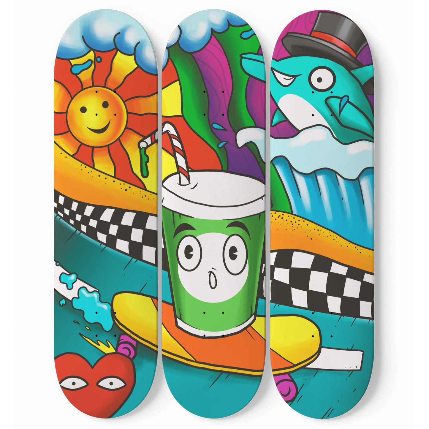 Large Chill Summer Doodles Print | 3 - Piece Skateboard Wall Art, Graffiti Style Wall Hanging Decor | Custom Printed Wall Art