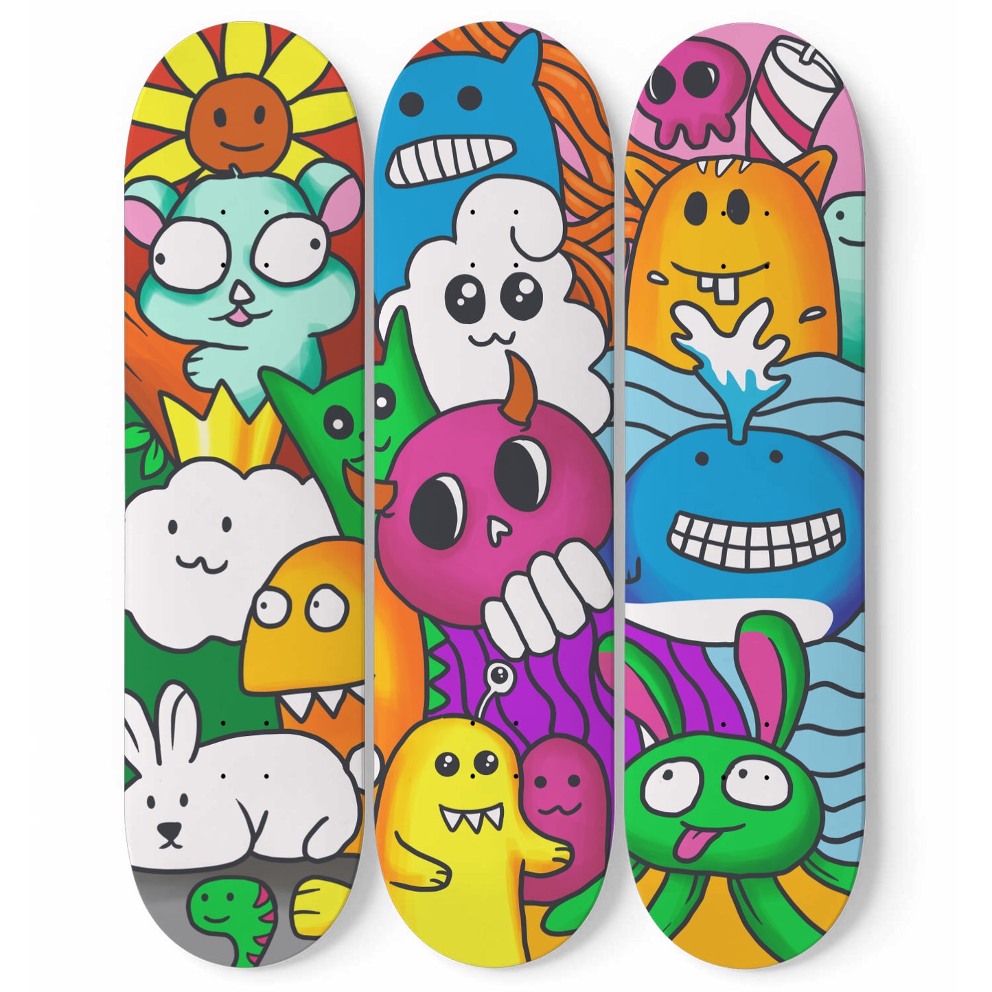 Mixed Doodle Monsters Skate Deck Art | 3 - Piece Skateboard Wall Art, Pro - Grade Maple Wood Wall Mount Hanging