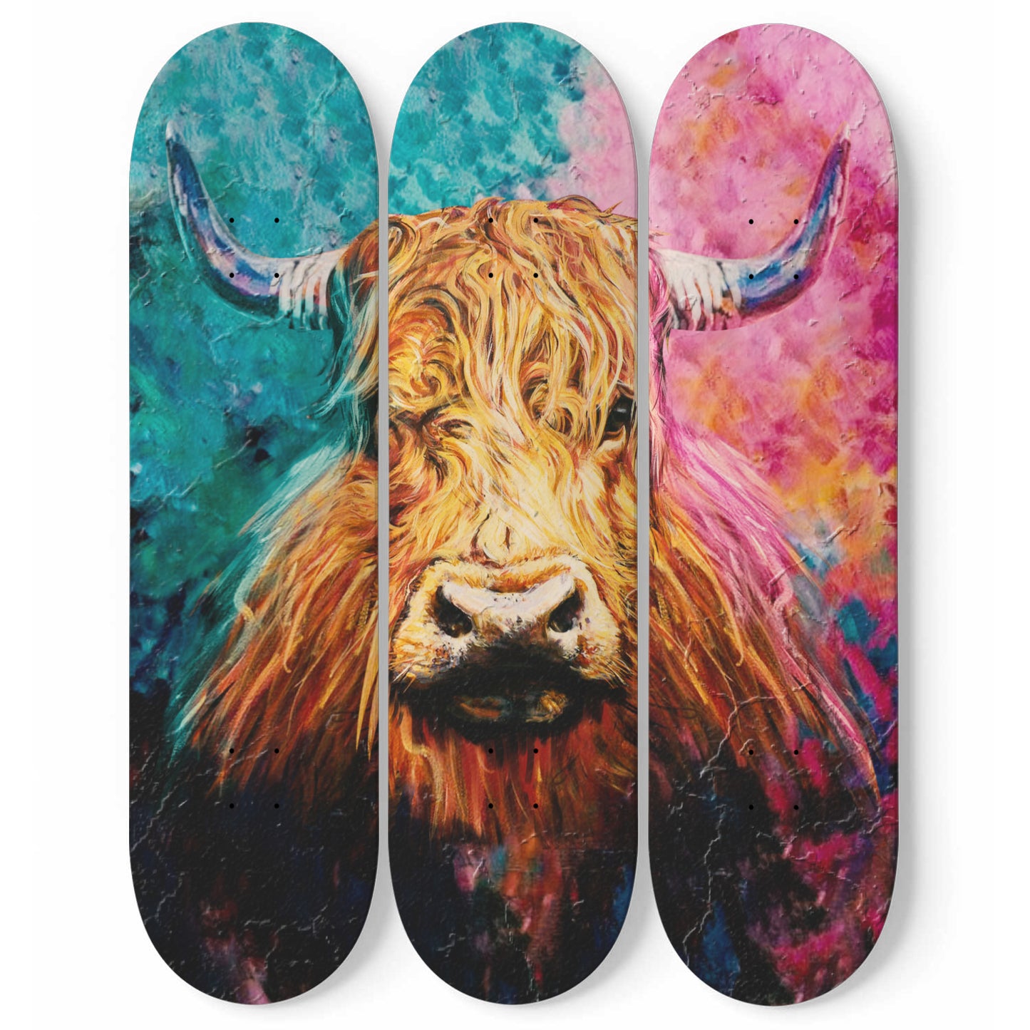 Highland Cow Wall Art Colourful Print | 3 - Piece Skateboard Wall Art, Scottish Cow Skate Deck Art - Maple Wood Skateboards