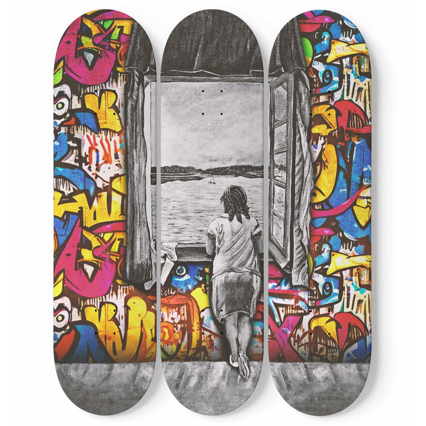 Banksy Lady In The Window Edge Wall Art Print | 3 - Piece Skateboard Art, Living Room Wall Decor, New Home Gift