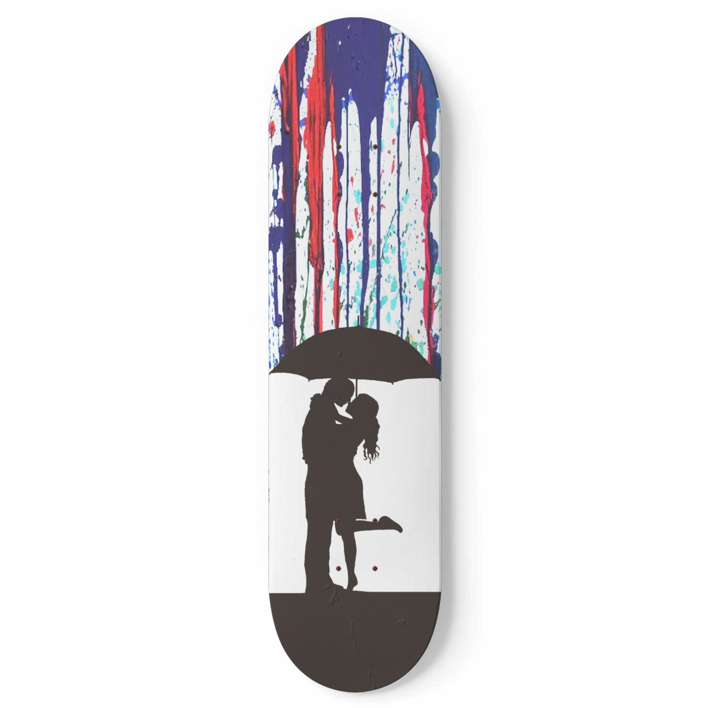 Banksy Style Couple With Umbrella In Colourful Rain | 1 - Piece Skateboard Wall Art, Street Art Game Room Decor - Living Room Decor