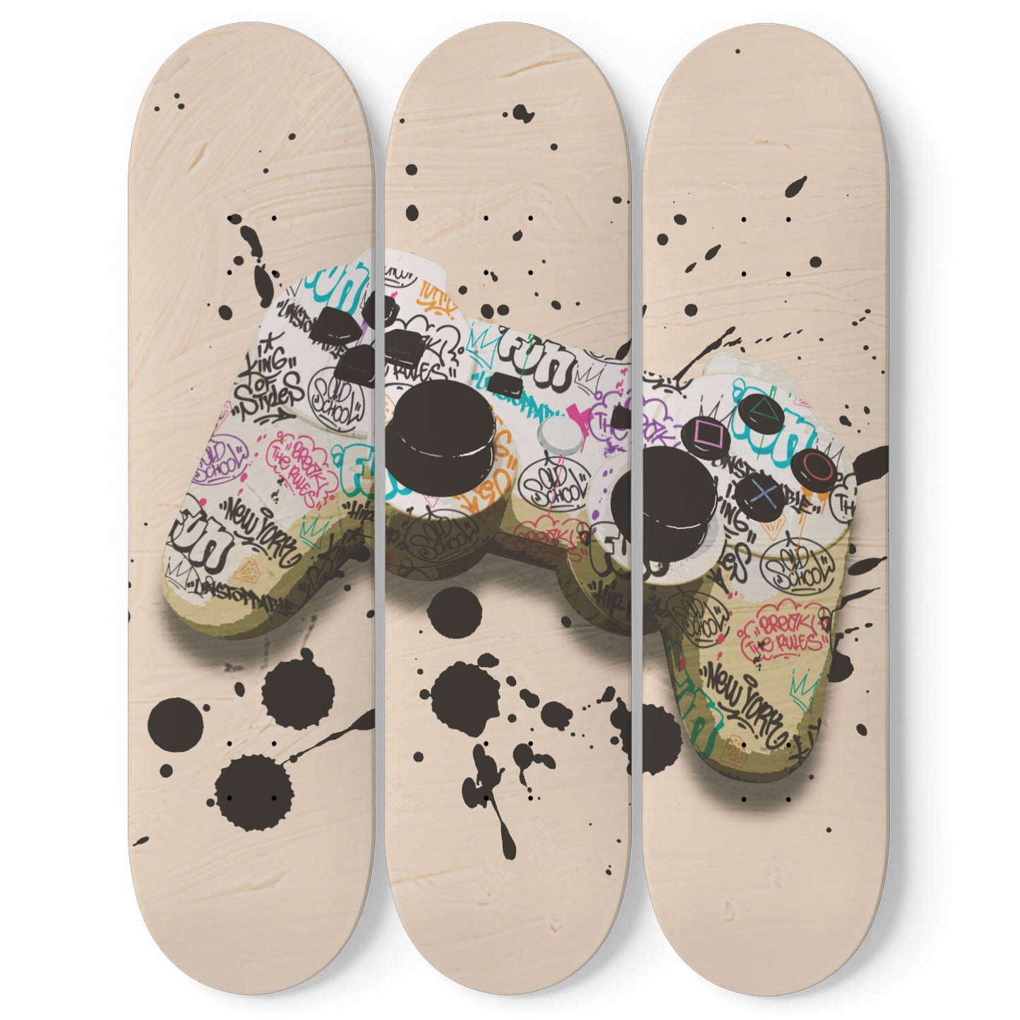PlayStation Controller Graffiti Street Gamer Print Skateboard Wall Art Pro-Grade Maple Wood Wall Hanging