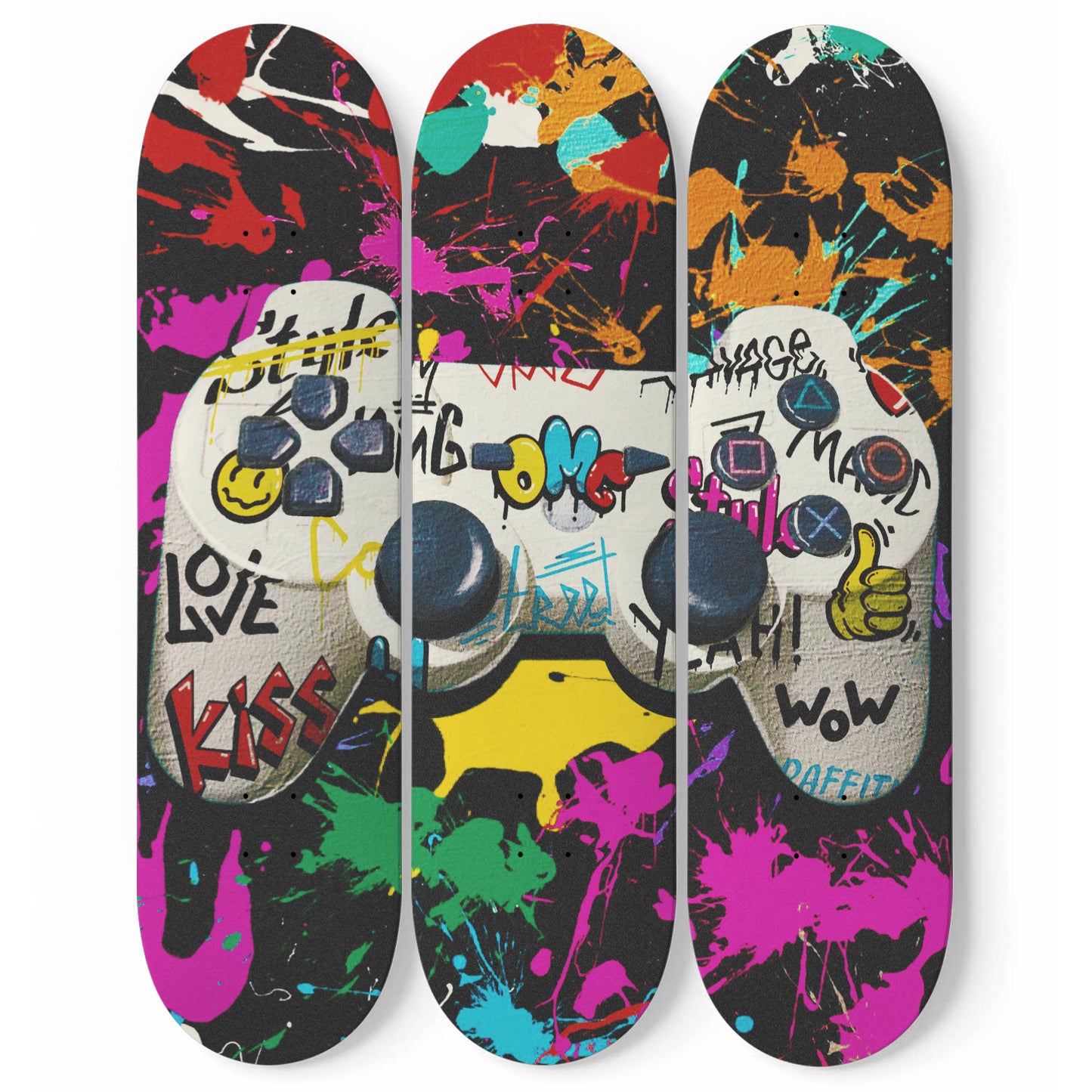 Graffiti PlayStation Gaming Controller Skateboard Wall Art Pro-Grade Maple Wood For Game Room Wall Decor