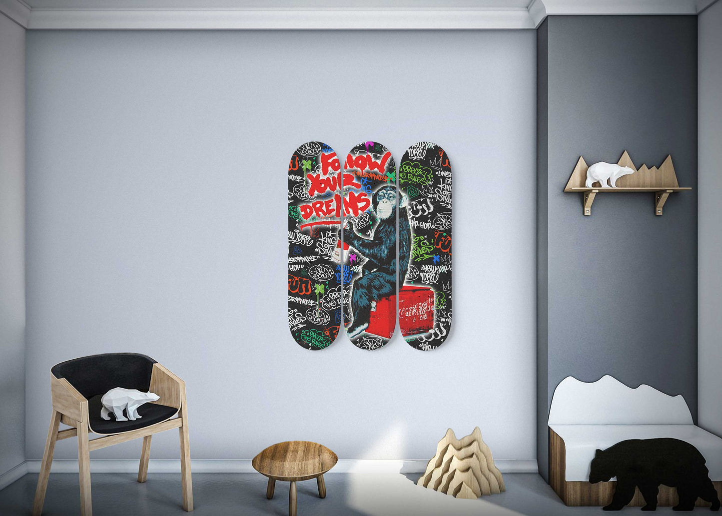Banksy Follow Your Dreams Graffiti Skateboard Wall Art Gallery wrapped Maple Wood Ready To Hang