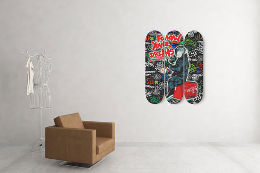 Banksy Follow Your Dreams Graffiti Skateboard Wall Art Gallery wrapped Maple Wood Ready To Hang